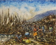 Ernst Louizor, (Haitian 1938-2011) oil on board, Figures before a landscape, partial Port Au Prince label verso, 49 x 39cm